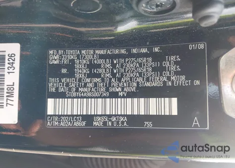 2008 Toyota Sequoia Sr5 5.7L V8 z USA, uszkodzony, nr VIN 5TDBY64A98S007349